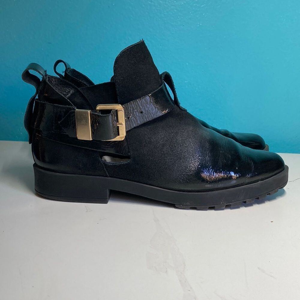 Miista Womens Black Leather Booties 39 8.5 Buckle Patent Lug Sole Shoes